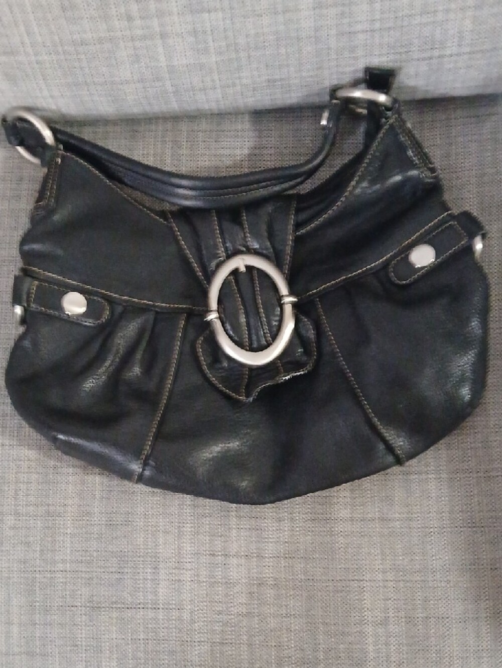 Black Shoulder Hobo Bag with Silver Ring Accent - Picture 11 of 14